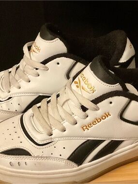 Reebok White and Black Sneakers with Gold Accents